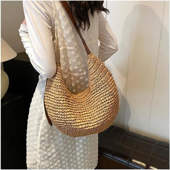 Straw Crossbody Bag Woven Shoulder Purse Summer Beach Tote Adjustable Strap Larg - Picture 6 of 7